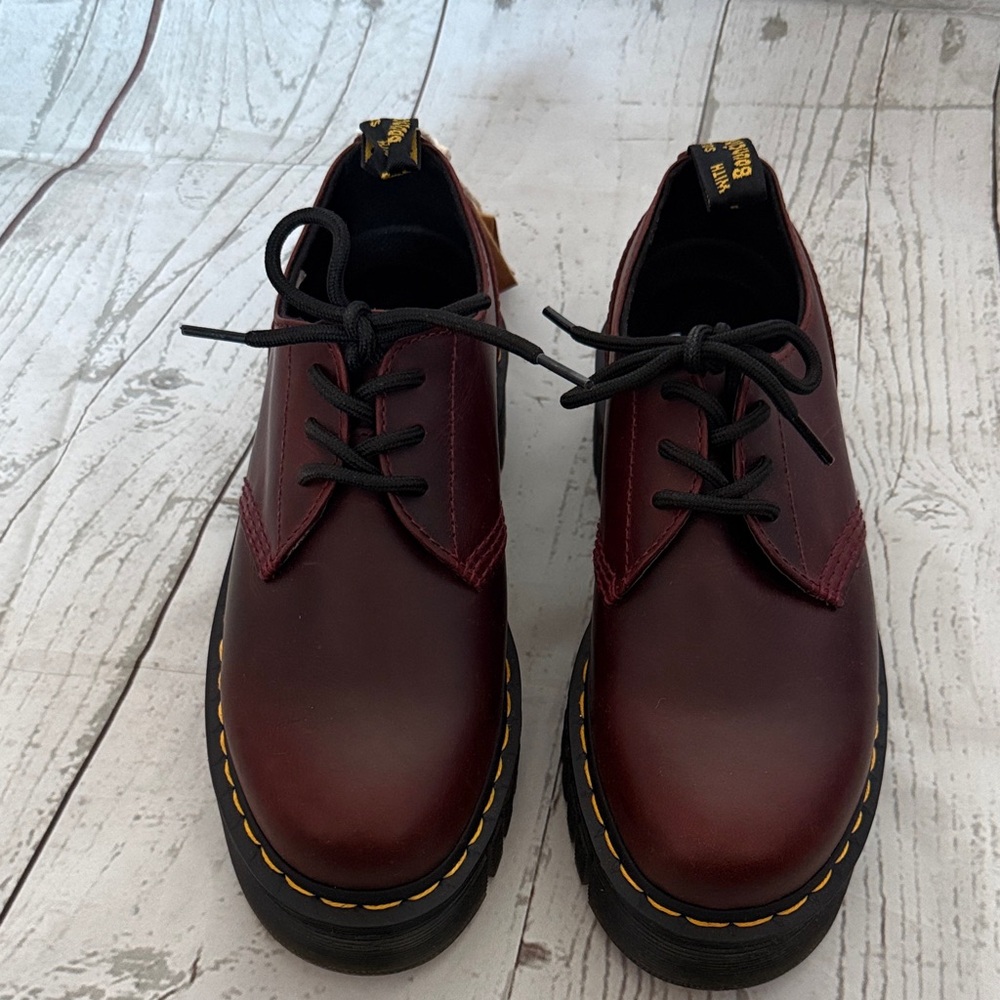 Dr. Martens Burgundy Leather Chunky Lace-Up Oxfords with Yellow Stitching - Picture 2 of 9